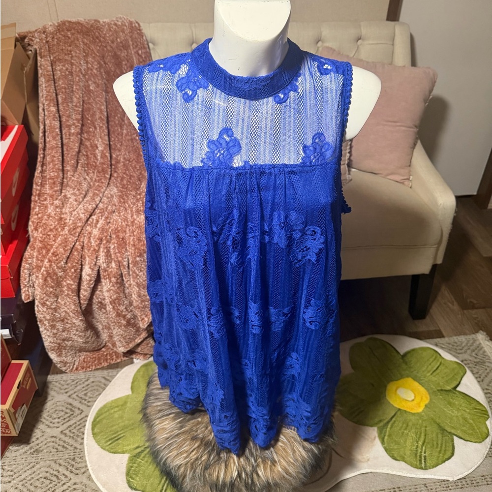 Royal Blue Lace Overlay Sleeveless Tunic
